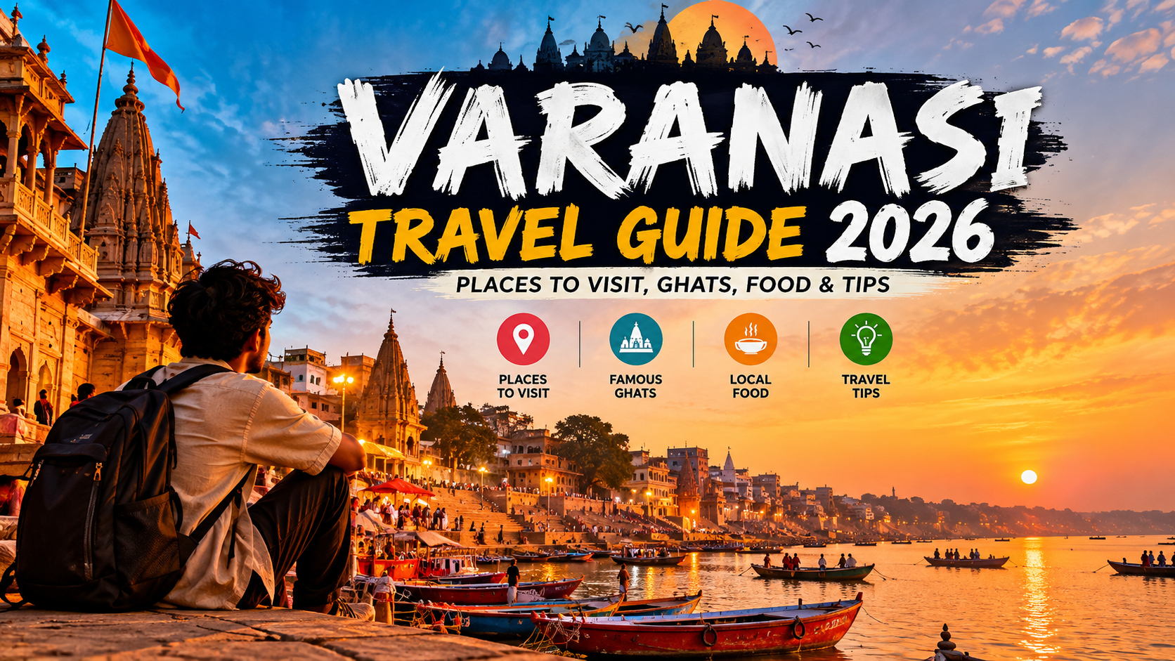 Varanasi ghats along the Ganges river at sunrise