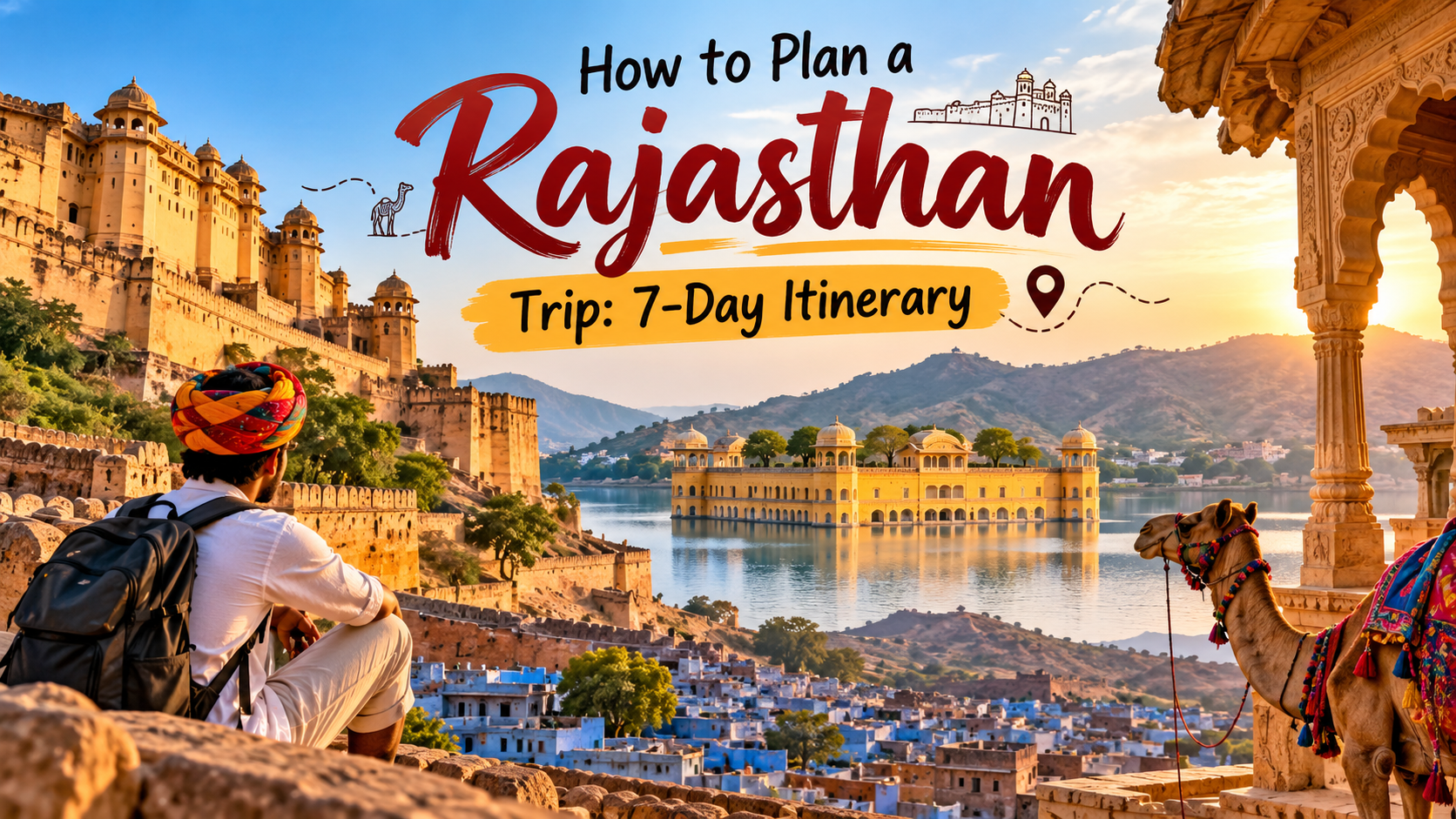 Rajasthan travel guide featuring historic forts, Lake Palace, blue city, camel, and a 7-day itinerary.
