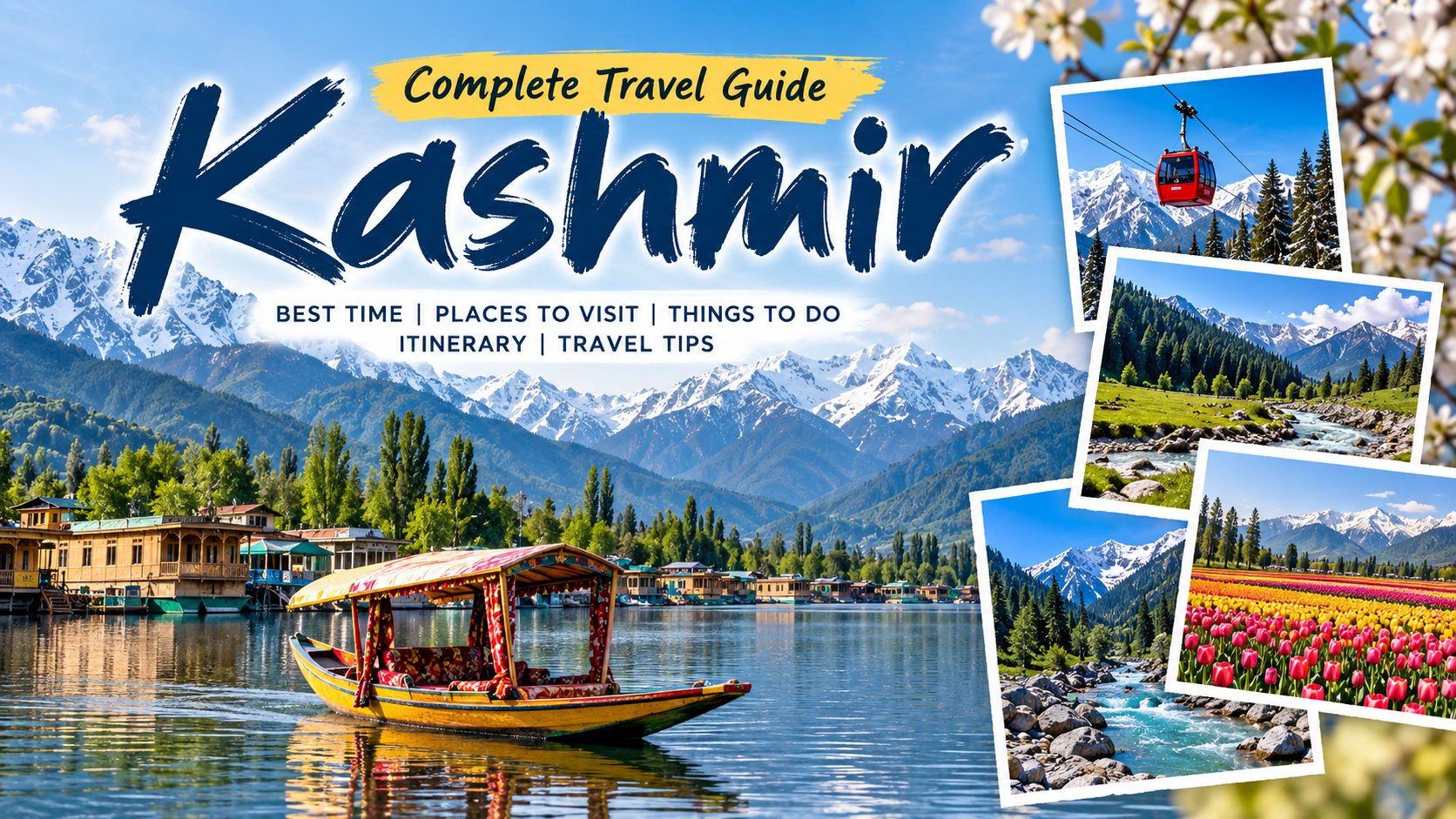 Kashmir travel guide with Dal Lake, shikara, snow-capped mountains, Gulmarg gondola and tulip fields