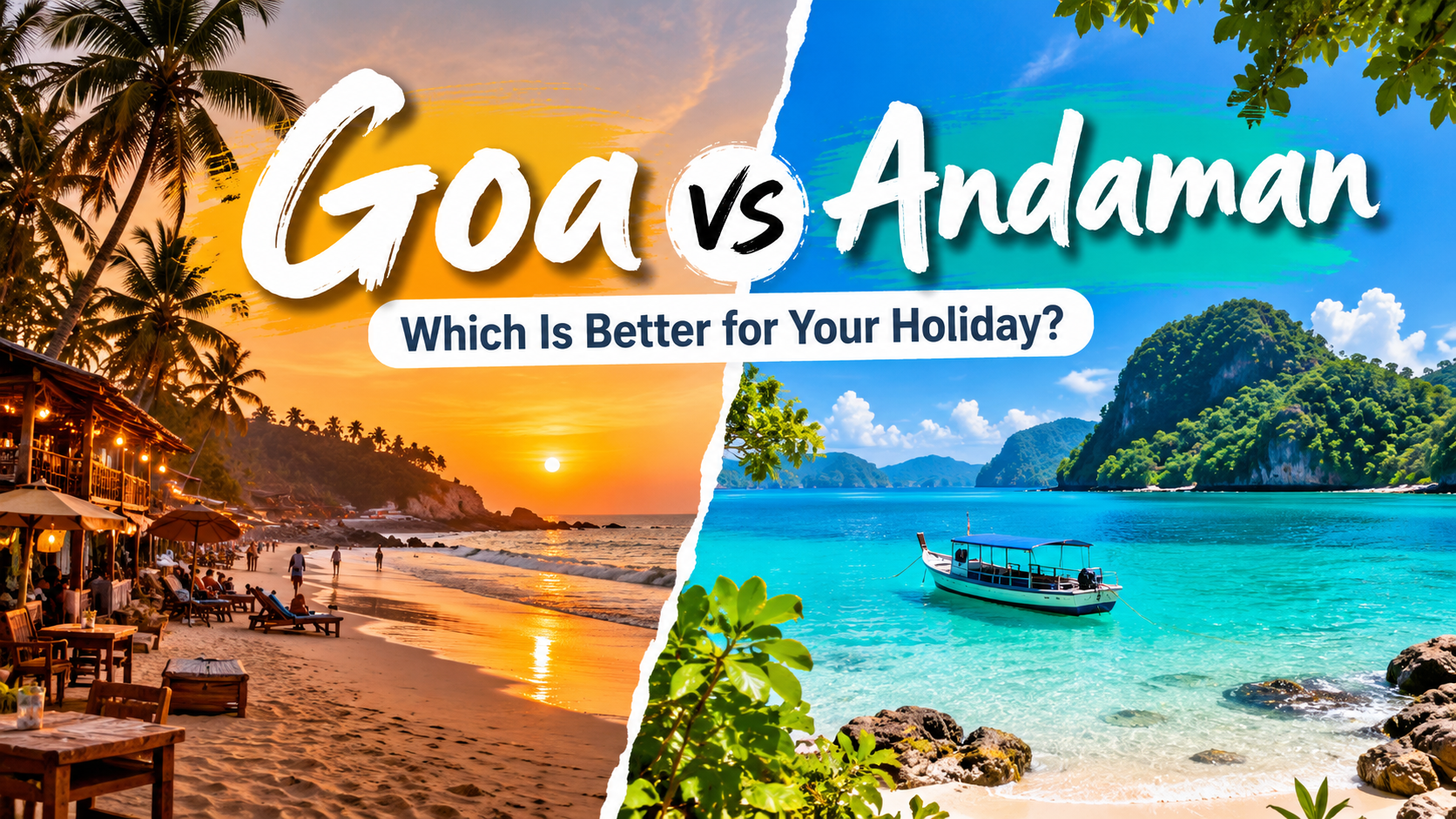 Goa vs Andaman holiday comparison featuring tropical beaches, sunsets, turquoise waters, and island scenery.